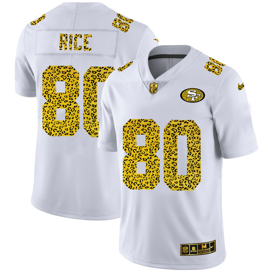 Custom San Francisco 49ers 80 Jerry Rice Men Nike Flocked Leopard Print Vapor Limited NFL Jersey White